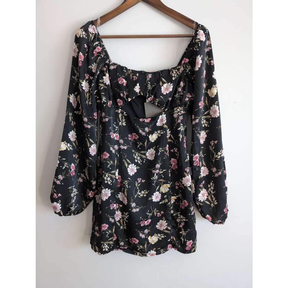 Lelis Black Floral Long Sleeve Mini Dress Women Sz S Milkmaid Fairy Cottagecore